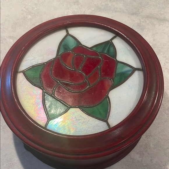 Stained Glass Rose Wooden Round Box - Picture 1 of 5